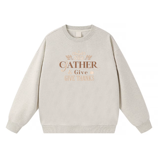 Crewneck Sweatshirt with Textured Graphic – "Catcher & Give Thanks"