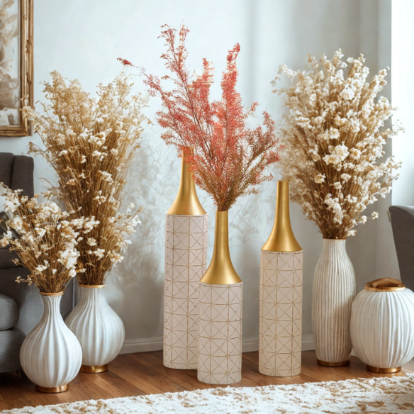 Elegant Ornate Metal Floor Vase Set (3-Piece) – Gilded Starry Grid Design, Tall Tulip-Shaped Vases with White and Gold Finish, Ideal for Dried Flowers or Stylish Décor