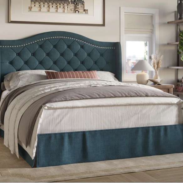 Elegant Upholstered Wingback Bed – Full/Double Size with Soft Polyester Fabric & Classic, Sophisticated Design