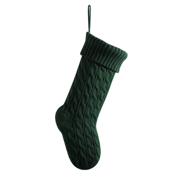 Green Knitted Christmas Stocking – Cable Knit Holiday Gift Bag with Soft Lining
