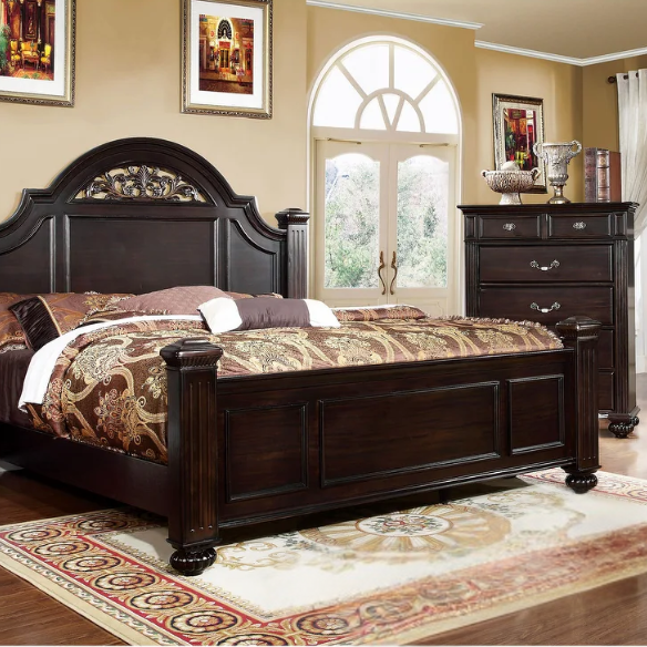 Traditional Walnut 3-Piece Queen Bedroom Set – Elegant Solid Wood Construction with Floral Carved Headboard, Antique Brass Accents, and Ample Storage