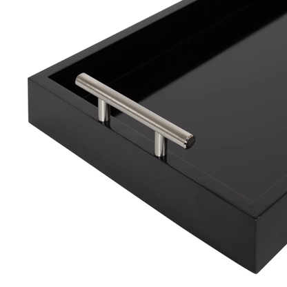 Sleek and Sophisticated Long Rectangular Serving Tray – High Gloss Wood with Polished Metal Handles, Perfect for Entryway, Vanity, or Coffee Table