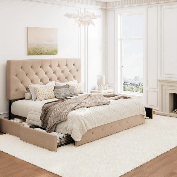 King Size Upholstered Platform Storage Bed with Spacious Drawers, Quiet Structure, and Sleek Minimalist Design