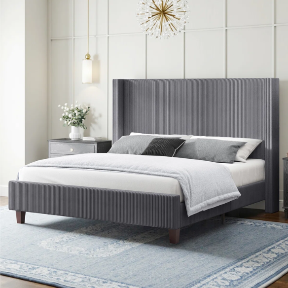Queen Size Upholstered Bed with Soft Corduroy Fabric and Solid Wood Legs – Stylish and Comfortable Design