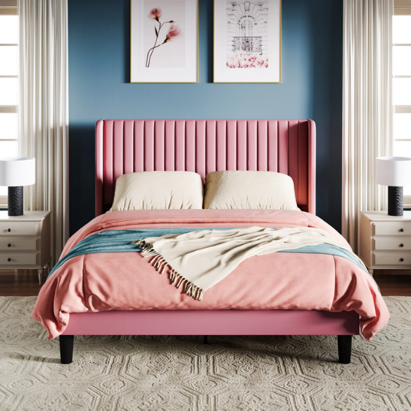 Luxurious King Size Upholstered Velvet Platform Bed with Modern Wingback Headboard – Heavy-Duty Steel Frame, No Box Spring Needed, and Ample Under-Bed Storage