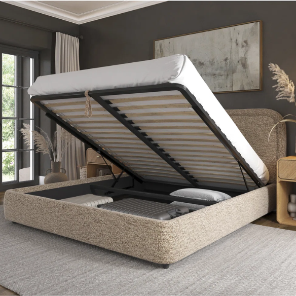 Premium Upholstered Aurora Lift-Up Storage Bed with Elegant Boucle Performance Fabric, Plush Foam-Padded Headboard, and Spacious Under-Bed Storage for a Clutter-Free Bedroom