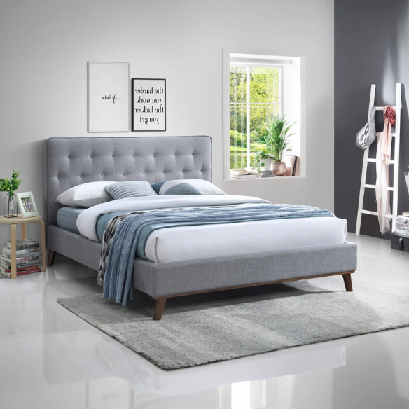 Modern Upholstered Platform Bed with Button Tufting and Eucalyptus Wood Frame – King Size