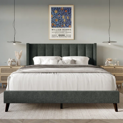 Queen Size Upholstered Wingback Bed with Soft Polyester Fabric – Elegant and Modern Design