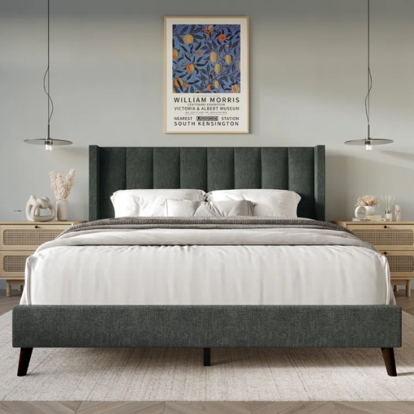 Queen Size Upholstered Wingback Bed with Soft Polyester Fabric – Elegant and Modern Design