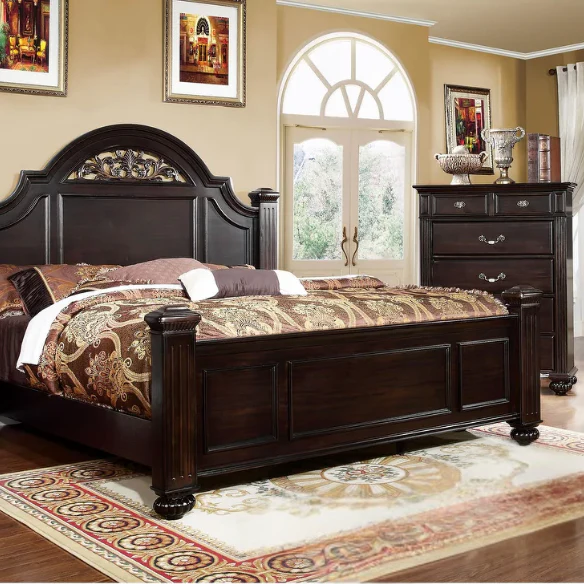 Elegant Traditional 4-Piece Walnut Wood Poster Bedroom Set with Floral Carved Headboard and Fluted Detailing
