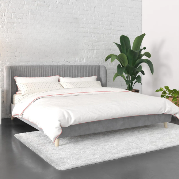 King Size Upholstered Wingback Platform Bed – Luxe Velvet Headboard with Vertical Tufting, Mid-Century Modern Design, and Space-Saving Wooden Frame
