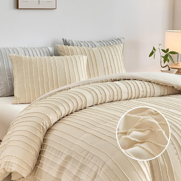 Luxurious Tufted Duvet Cover Set – Queen Size | Striped Textured Boho Bedding | Ultra-Soft Washed Microfiber | 3-Piece Set