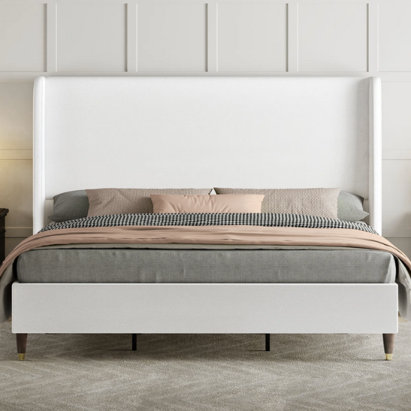 King Size Upholstered Platform Bed with Wingback Design, Foam-Padded Linen Headboard, and Steel Reinforced Frame