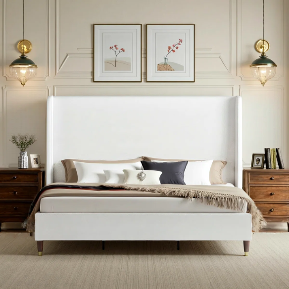 Queen Size Sleek and Minimalist Upholstered Platform Bed with Soft Linen Fabric – Elegant and Modern Design