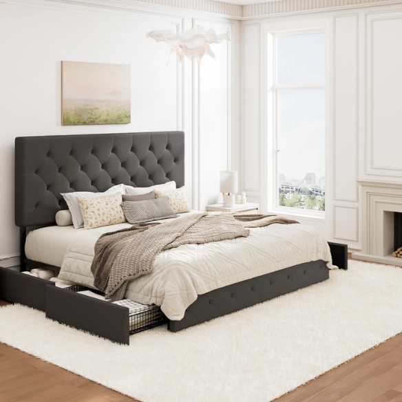 King Size Upholstered Platform Storage Bed with Spacious Drawers, Quiet Structure, and Sleek Minimalist Design