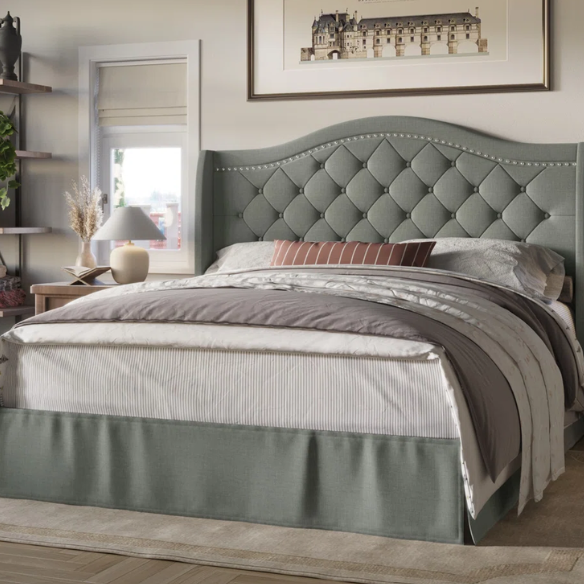 Elegant Upholstered Wingback Bed – Full/Double Size with Soft Polyester Fabric & Classic, Sophisticated Design