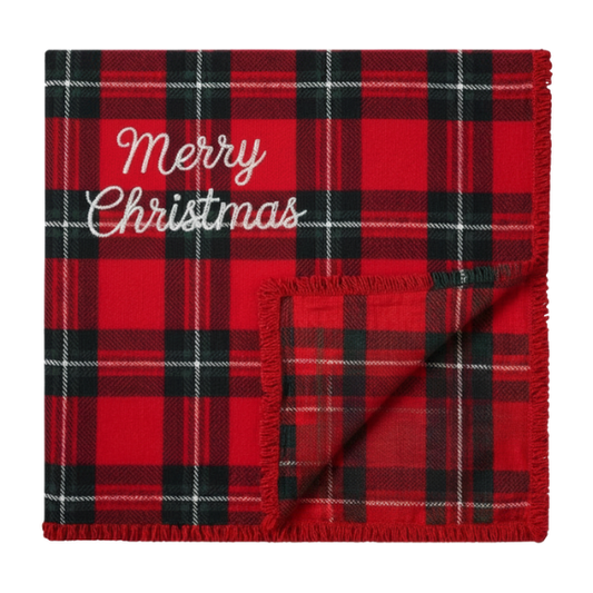 Embroidered Plaid Fringed Throw Blanket - Merry Christmas
