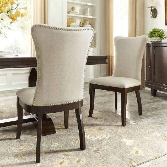 Beige Wingback Upholstered Dining Chairs – Set of 2, Nailhead Trim & Dark Cherry Legs