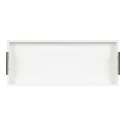 Sleek and Sophisticated Long Rectangular Serving Tray – High Gloss Wood with Polished Metal Handles, Perfect for Entryway, Vanity, or Coffee Table