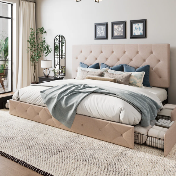 Button Tufted Upholstered Platform Storage Bed – Full Double Size with Spacious Drawers