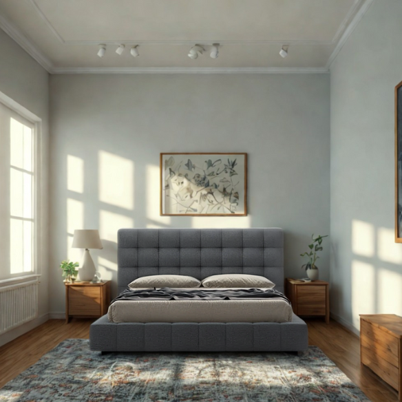 Upholstered Platform Bed with Square-Tufted Headboard, Basketweave Design, and Solid Eucalyptus Wood Frame – No Box Spring Needed