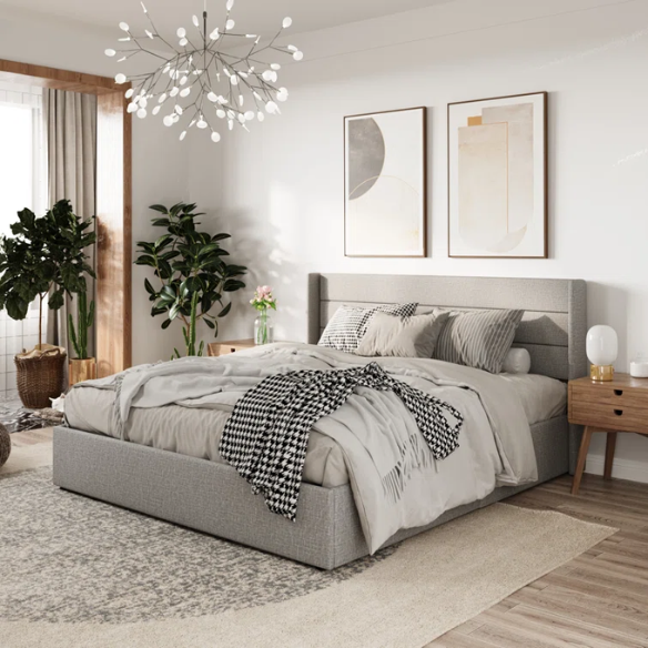 Modern King Size Upholstered Platform Bed with Hydraulic Lift Storage – Sleek Grooved Headboard, Space-Saving Design, and No Box Spring Needed
