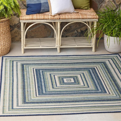 Coastal-Inspired Geometric Rug – Fade & Stain-Resistant,Ivory,Green,Blue Pattern, Ideal for Indoor/Outdoor Use