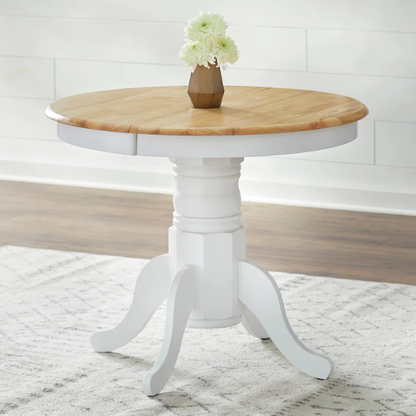 Farmhouse Solid Rubberwood Dining Table with 22-Inch Extension Leaf – Pedestal Base, Seats 6, Available in Oak, Matte Black, White/Natural, Grey/Walnut Finishes