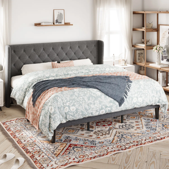 Luxurious King Size Upholstered Wingback Platform Bed with Button-Tufted Linen Fabric – Sturdy Wood Frame, High-Density Foam, and Ample Under-Bed Storage for a Stylish, Safe, and Comfortable Bedroom