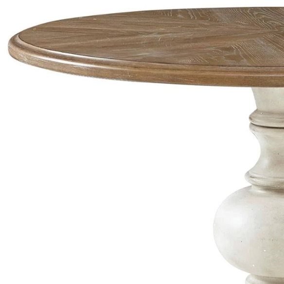 46" Round Pedestal Dining Table – Farmhouse Charm with Reclaimed Walnut Diamond Veneer Top & Antique Cream Pedestal Base