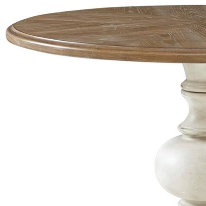 46" Round Pedestal Dining Table – Farmhouse Charm with Reclaimed Walnut Diamond Veneer Top & Antique Cream Pedestal Base