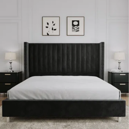 Velvet Upholstered Queen Size Platform Bed with Tufted Button Detail on Headboard