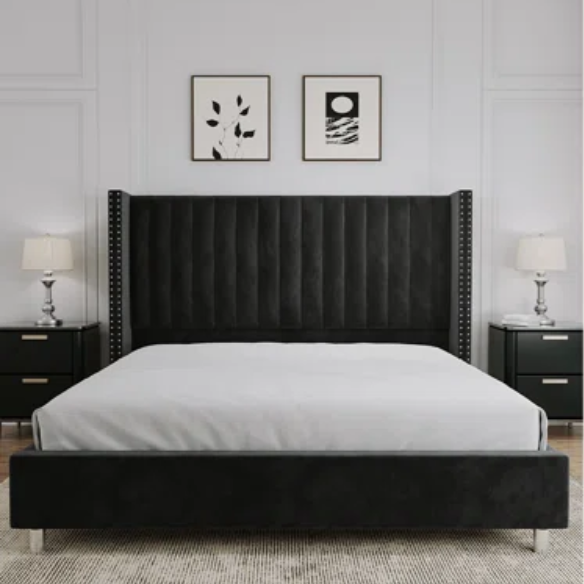Velvet Upholstered Queen Size Platform Bed with Tufted Button Detail on Headboard