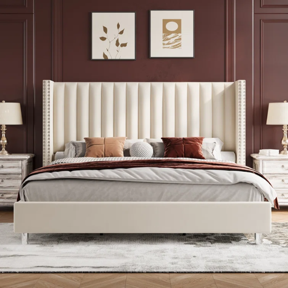 Velvet Upholstered Queen Size Platform Bed with Tufted Button Detail on Headboard