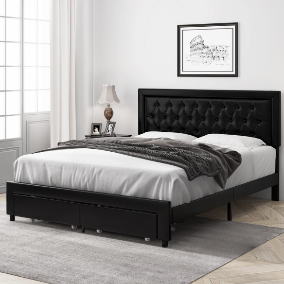 Luxurious King Size Velvet Tufted Upholstered Bed Frame with Adjustable Headboard, Button Tufting, and Nailhead Trim – No Box Spring Needed for Superior Support and Comfort
