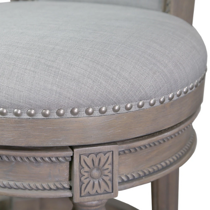 Swivel Bar-Height Stool with High Seat Back – Elegant Curved Back, 180° Automatic Return Swivel, Nail Head Trim, Metal Footrests, and Cushioned Foam Seat for Ultimate Comfort