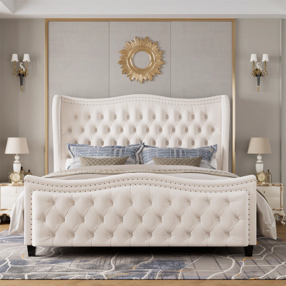 Gem-Tufted Queen Size Upholstered Wingback Bed with Curved Design