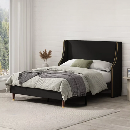 Elegant Linen Wingback Upholstered Platform Bed Frame – Luxurious Full Double Size Design with Gold Piping, Sturdy Support, and Effortless Assembly