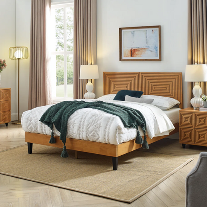 Mid-Century Modern King Size Solid Wood Platform Bed with Adjustable Height Headboard – Stylish Streamlined Design for a Contemporary Bedroom Look