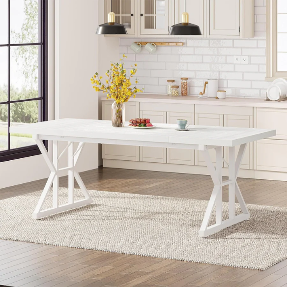 Farmhouse Dining Table for 6-8 People – Rectangular Wood Kitchen Table with X-Shaped Accents, Spacious & Multifunctional for Dining, Office, or Gathering