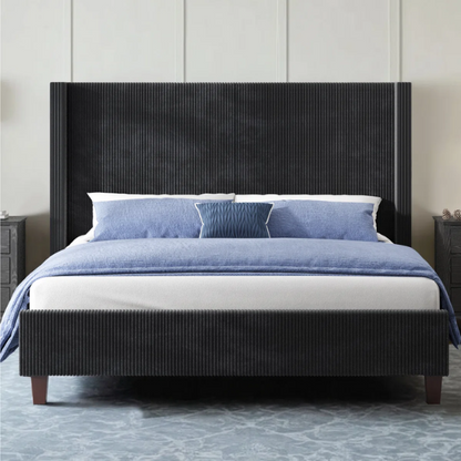 Queen Size Upholstered Bed with Soft Corduroy Fabric and Solid Wood Legs – Stylish and Comfortable Design