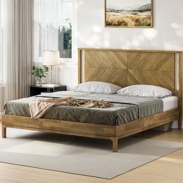 Solid Wood Platform King Size Bed with Headboard – Rustic Wood Frame with Steel Reinforcement for Ultimate Stability and Comfort