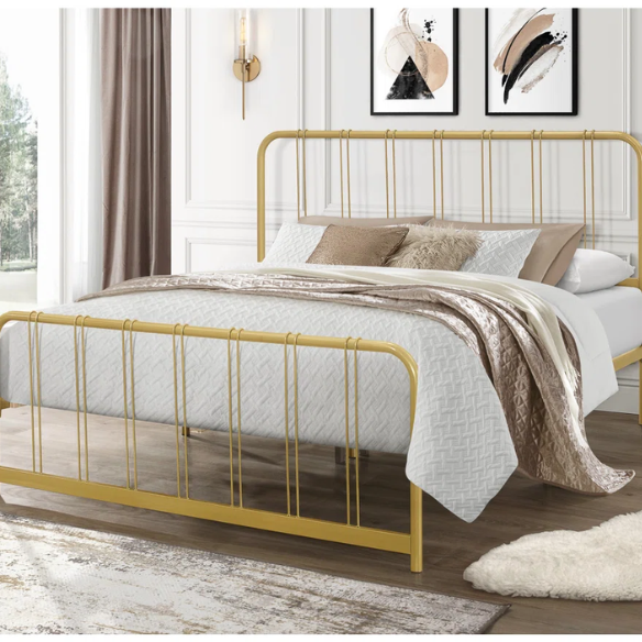 King Size Metal Slat Bed – Modern Minimalist Design with Kiln-Dried Wood Slats for Box Spring-Free Convenience and Versatile Style