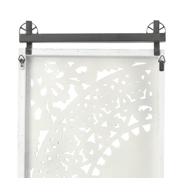 Boho Floral Wall Décor Set (Set of 2) – Hand-Carved Flower Medallion Panels with Modern Farmhouse Iron Bar Accent