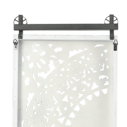 Boho Floral Wall Décor Set (Set of 2) – Hand-Carved Flower Medallion Panels with Modern Farmhouse Iron Bar Accent