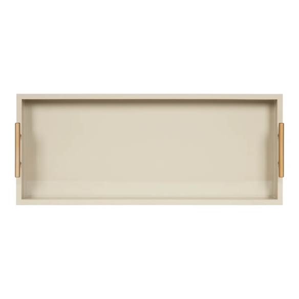 Sleek and Sophisticated Long Rectangular Serving Tray – High Gloss Wood with Polished Metal Handles, Perfect for Entryway, Vanity, or Coffee Table