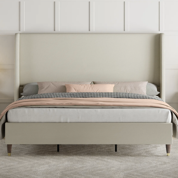 King Size Upholstered Platform Bed with Wingback Design, Foam-Padded Linen Headboard, and Steel Reinforced Frame