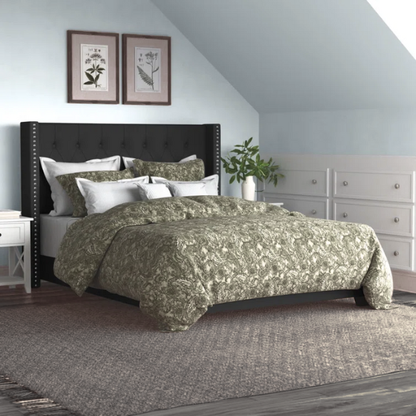 King Size Upholstered Low-Profile Bed with Wingback Headboard, Button Tufting, and Nailhead Trim – Glamorous, Traditional Design with Flared Legs