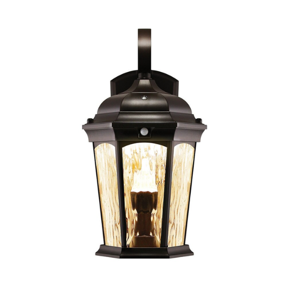 Lighting Flame Lantern with Motion Sensor & Integrated Photocell – 3000K LED Security Light with Water Glass and Bronze Finish