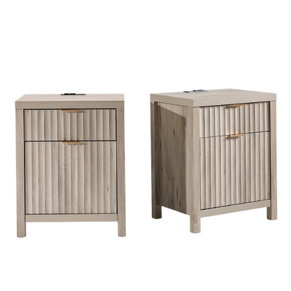 2-Drawer Nightstand with Built-In Outlets – Fluted Panels, Wood Grain Finish, Modern Design, Charging Station with 2 AC Outlets, USB & USB-C Ports, 4.9-Foot Power Cord, Set of 2